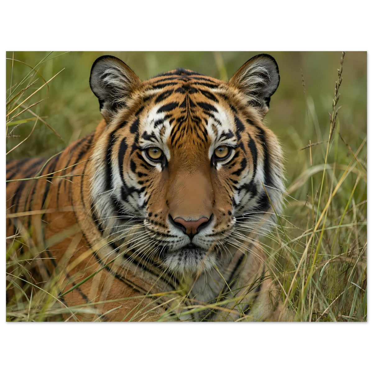 Wildtier-Poster: Tigerporträt im Gras mit gelben Augen, Blick nach vorn