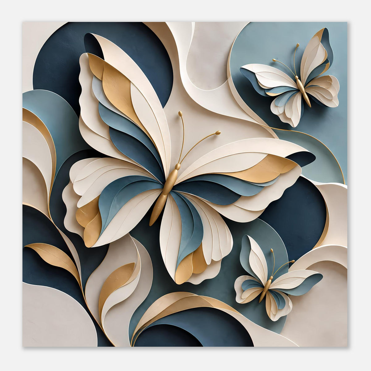 Schmetterlingskunst-Poster, harmonisches Blumen- und Schmetterlingsmuster in Blau und Gold