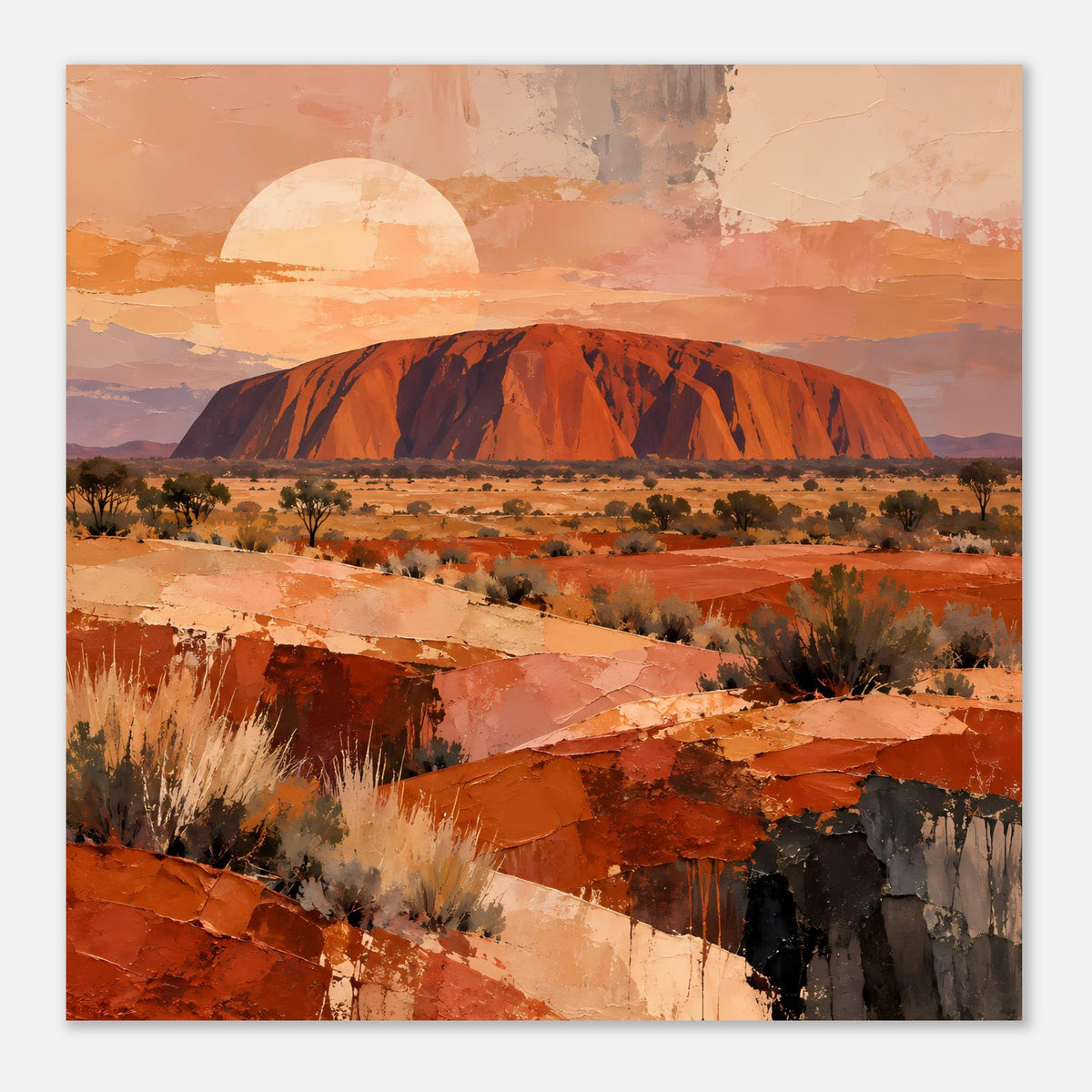 Wandposter Wüstenlandschaft mit rotem Felsberg, Sonne und Landschaftsmalerei, querformat