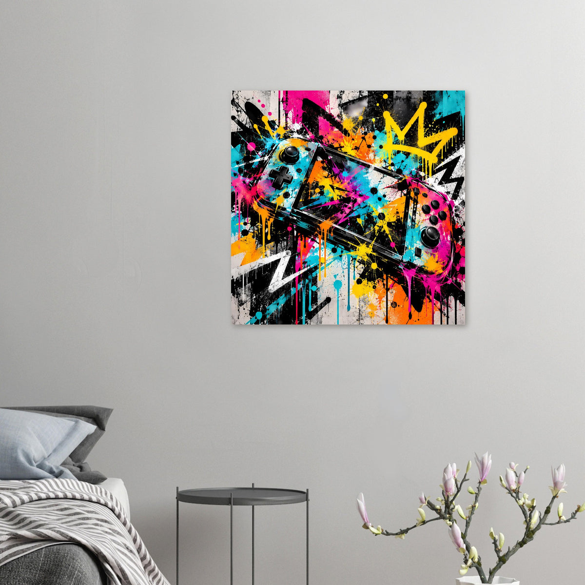 Kleines Graffiti-Gaming-Poster mit Controller-Illustration in bunten Sprühfarben