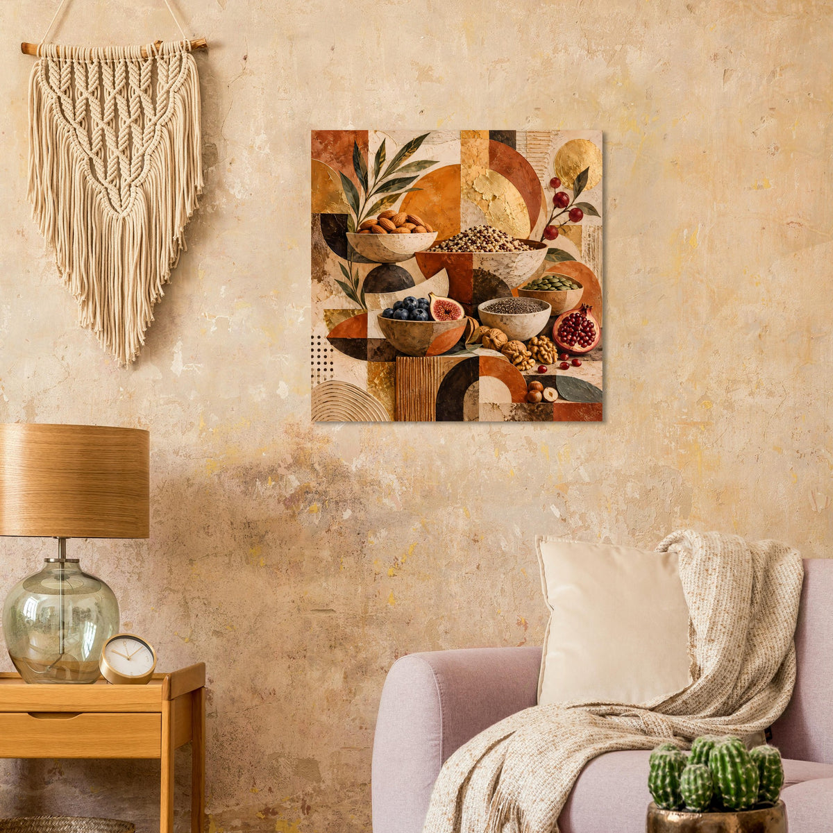 Poster mit Collage aus Schalen und Körnern, Blättern und Beeren in warmen Erdtönen