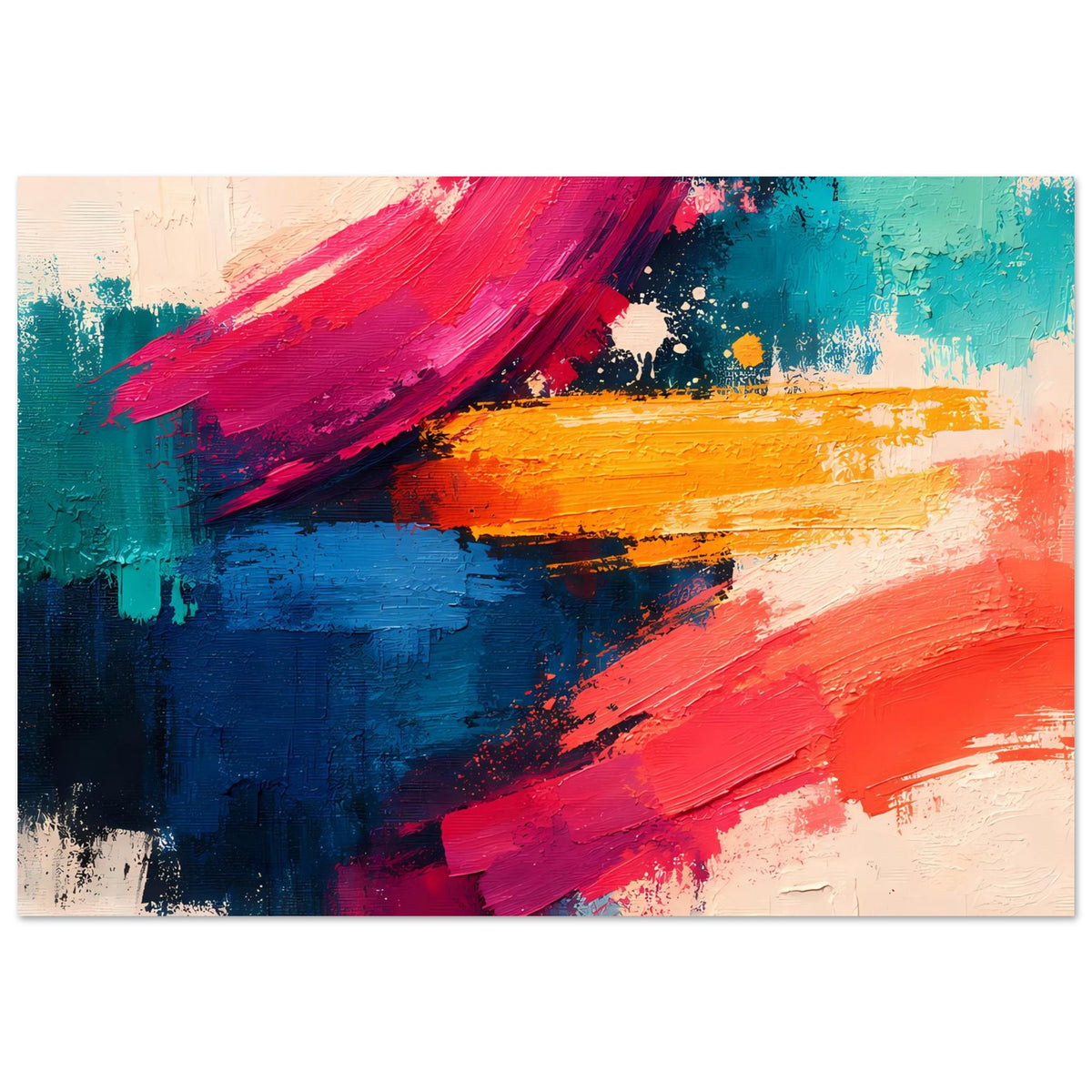 Poster mit abstrakten Pinselstrichen in Blau, Pink, Türkis und Orange, Querformat