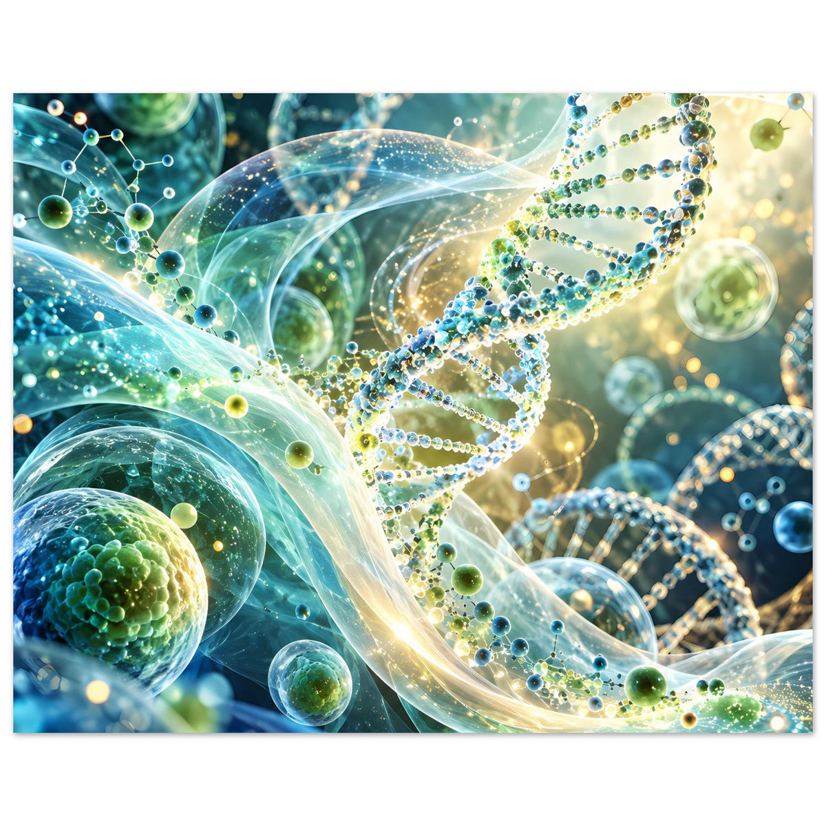 Biotechnologie-Poster mit DNA-Doppelhelix, grünen Perlenketten und schwebenden Kugeln