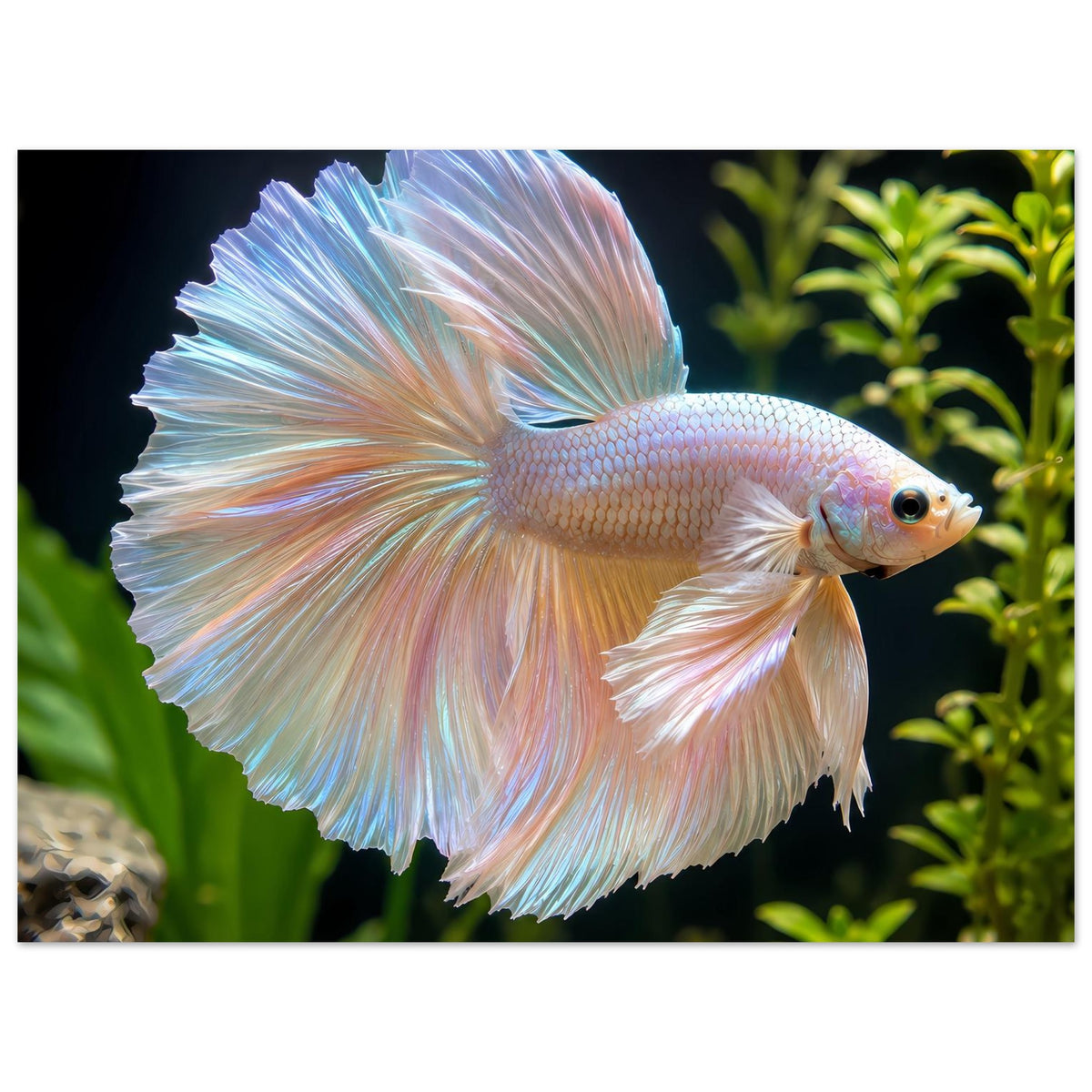 Poster mit schimmerndem Betta-Fisch, ausgebreitete Flossen, ruhige seitliche Ansicht