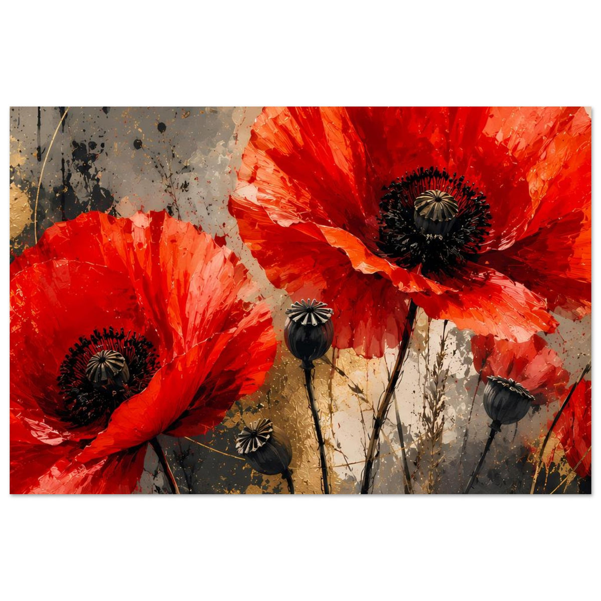 Poster mit roten Mohnblumen und schwarzen Samenkapseln, horizontal
