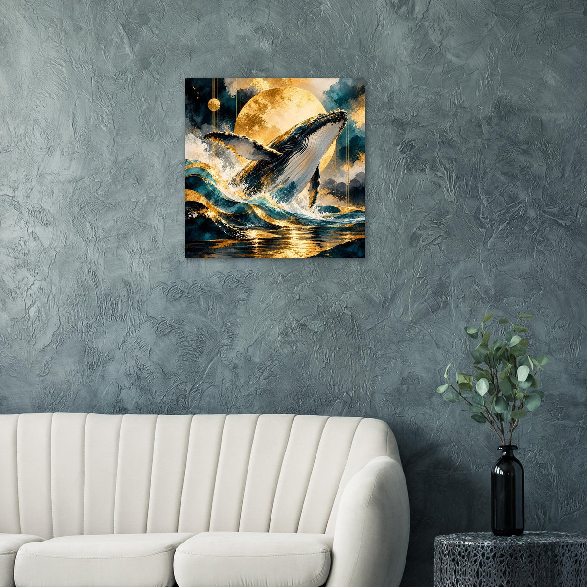 Poster mit Buckelwal im goldenen Mondlicht, blau-goldene Wasseroberfläche