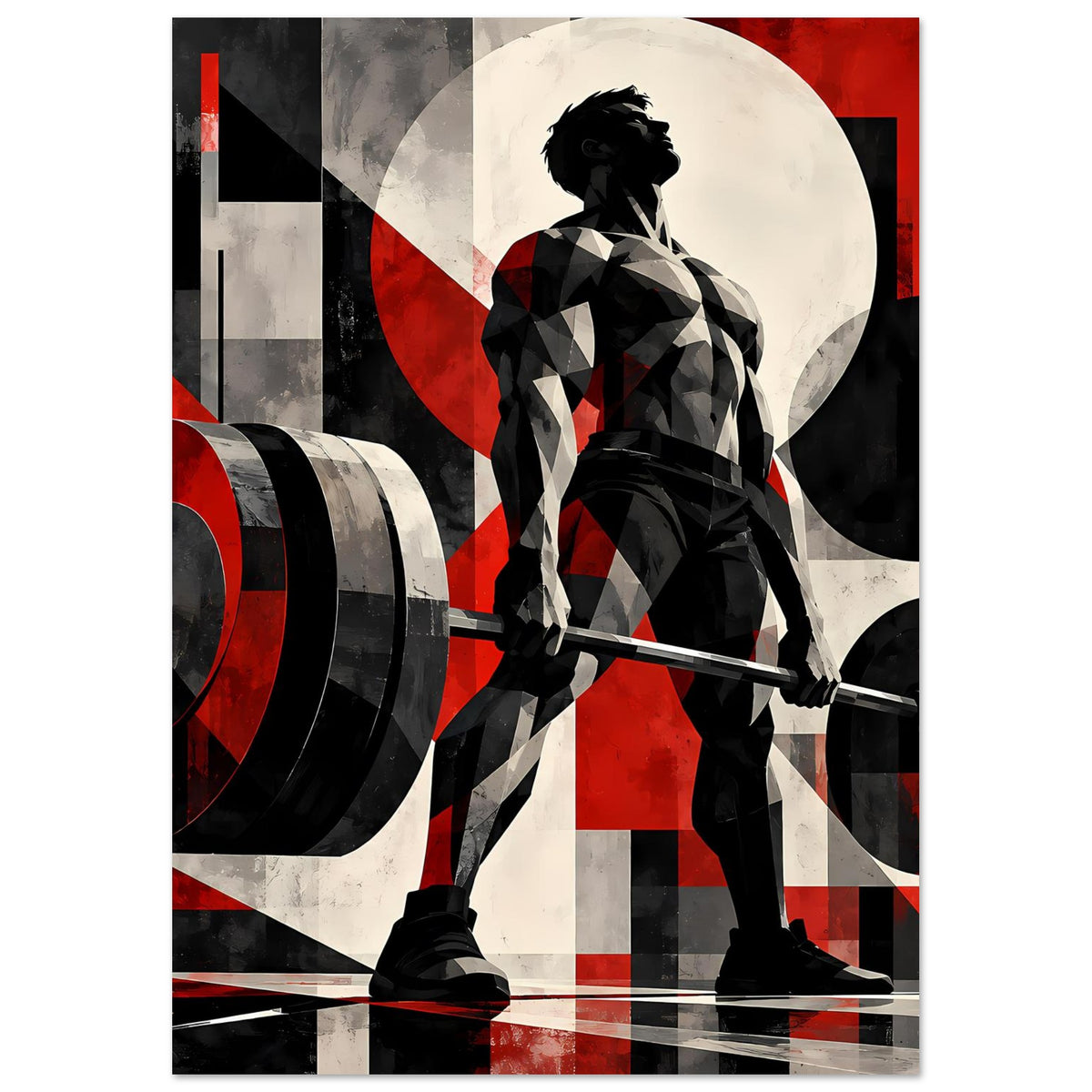 Fitnessposter mit Gewichtheber-Silhouette, Hantel und roten Flächen, schwarz-weiße Hintergrundelemente