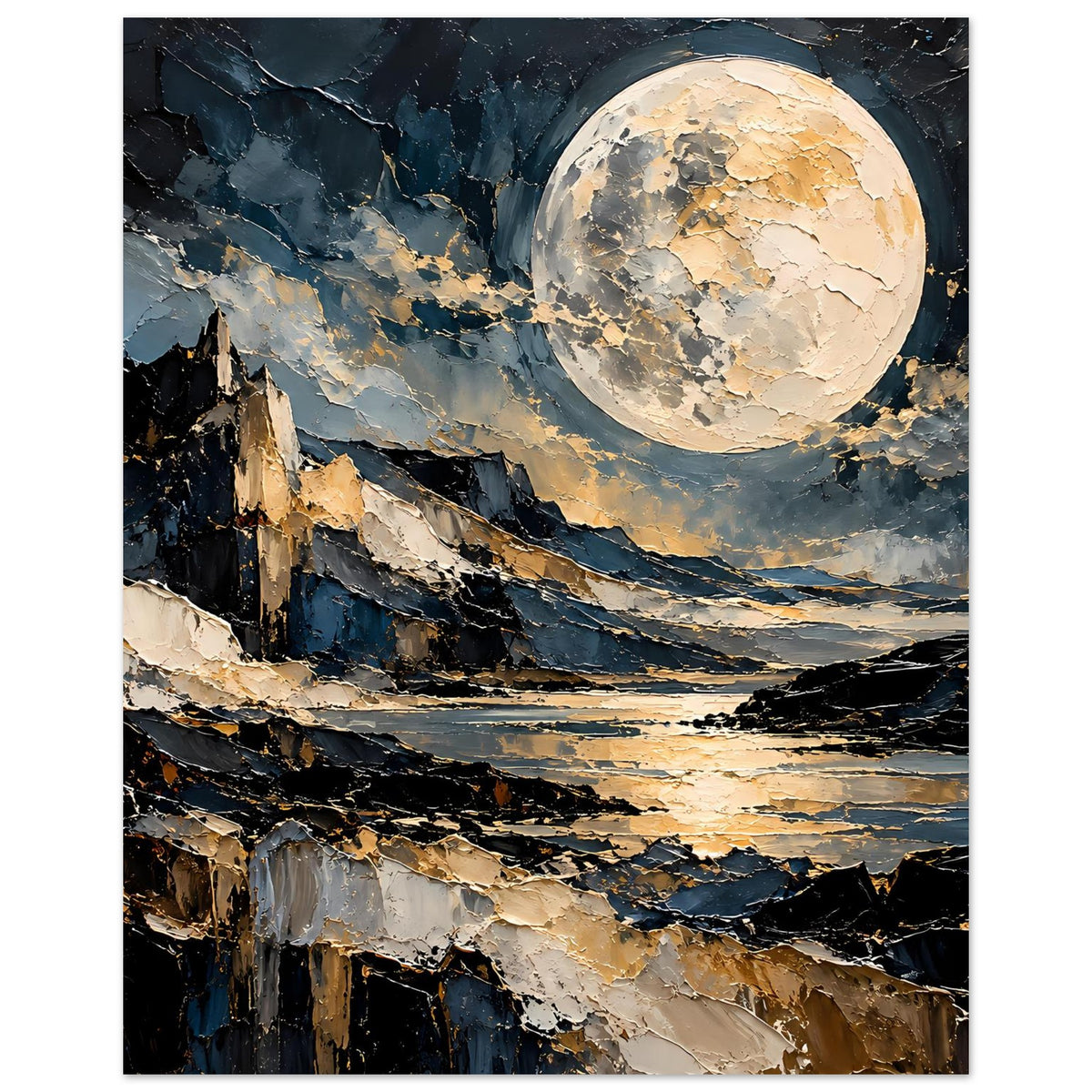 Mondschein-Poster im Hochformat: goldener Vollmond über Felsenküste, See und Wolken