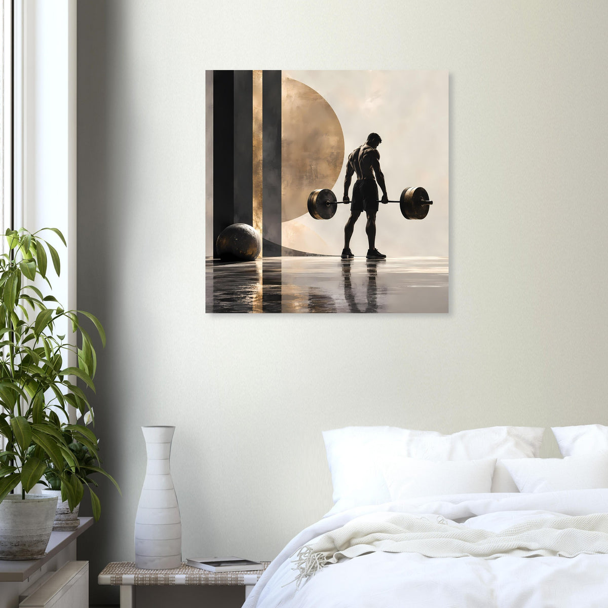 Krafttraining-Poster: Figur mit Hantelset, spiegelnde Bodenfläche und goldener Halbkreis