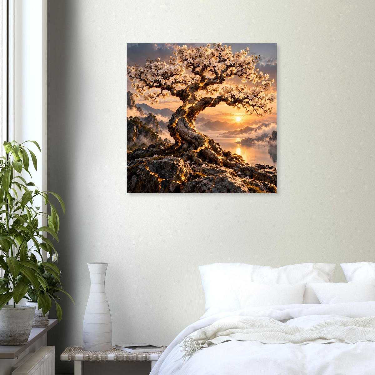 Quadratisches Poster mit weit verzweigtem Blütenbaum und Abendsonne über Hügeln
