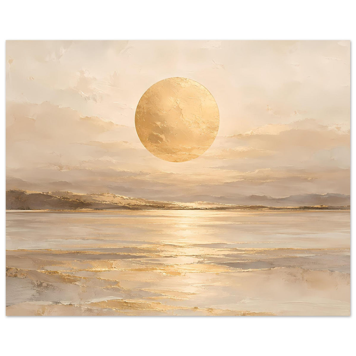 Kunstposter mit goldener Sonne über ruhiger Wasserfläche, warme beigetöne