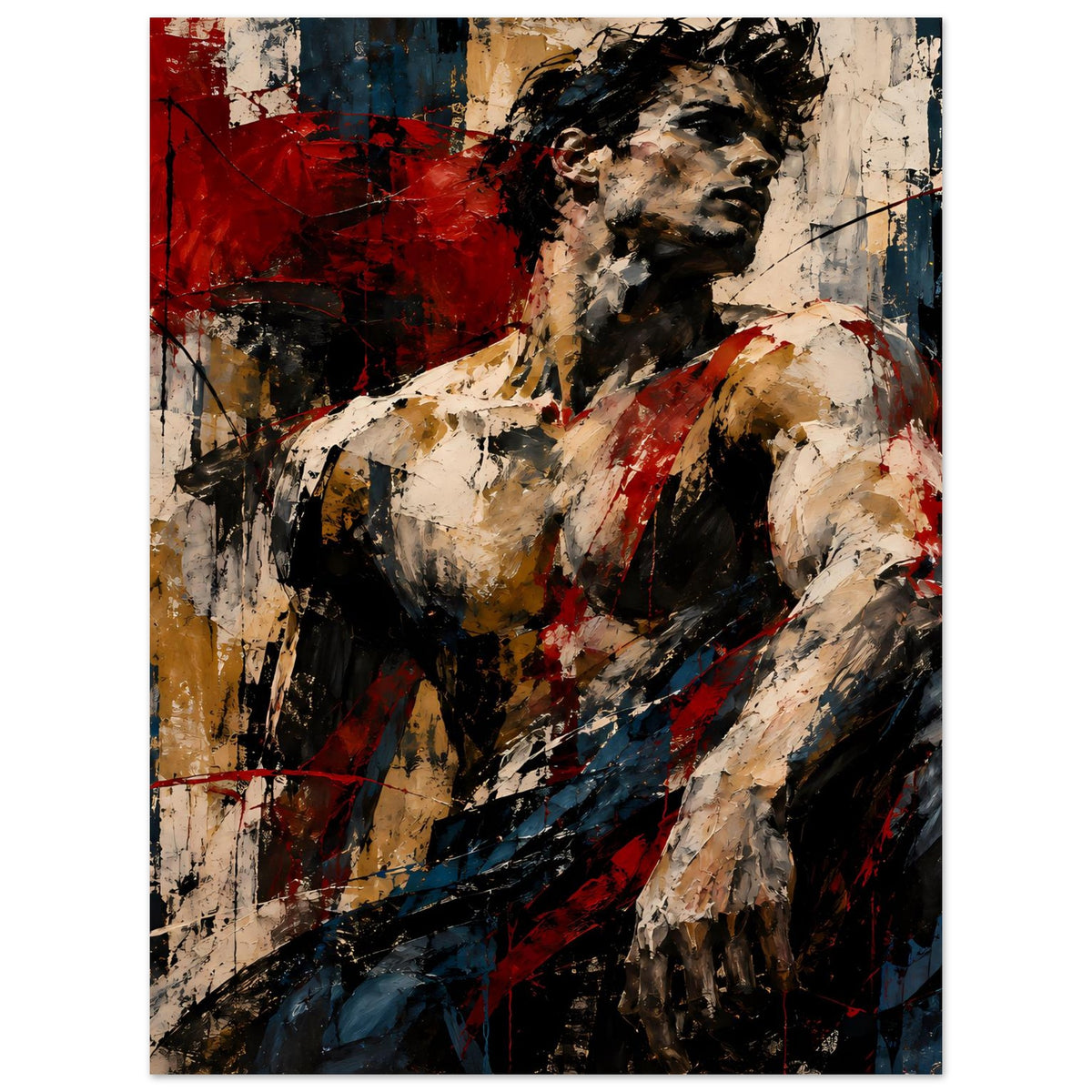 Abstraktes Poster mit männlicher Figur im Hochformat, gestisch bemalt in Rot, Creme und Dunkelblau