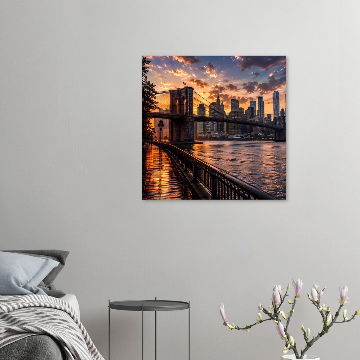 An der Wand hängendes, quadratisches Poster: Brooklyn Bridge und Manhattan-Skyline