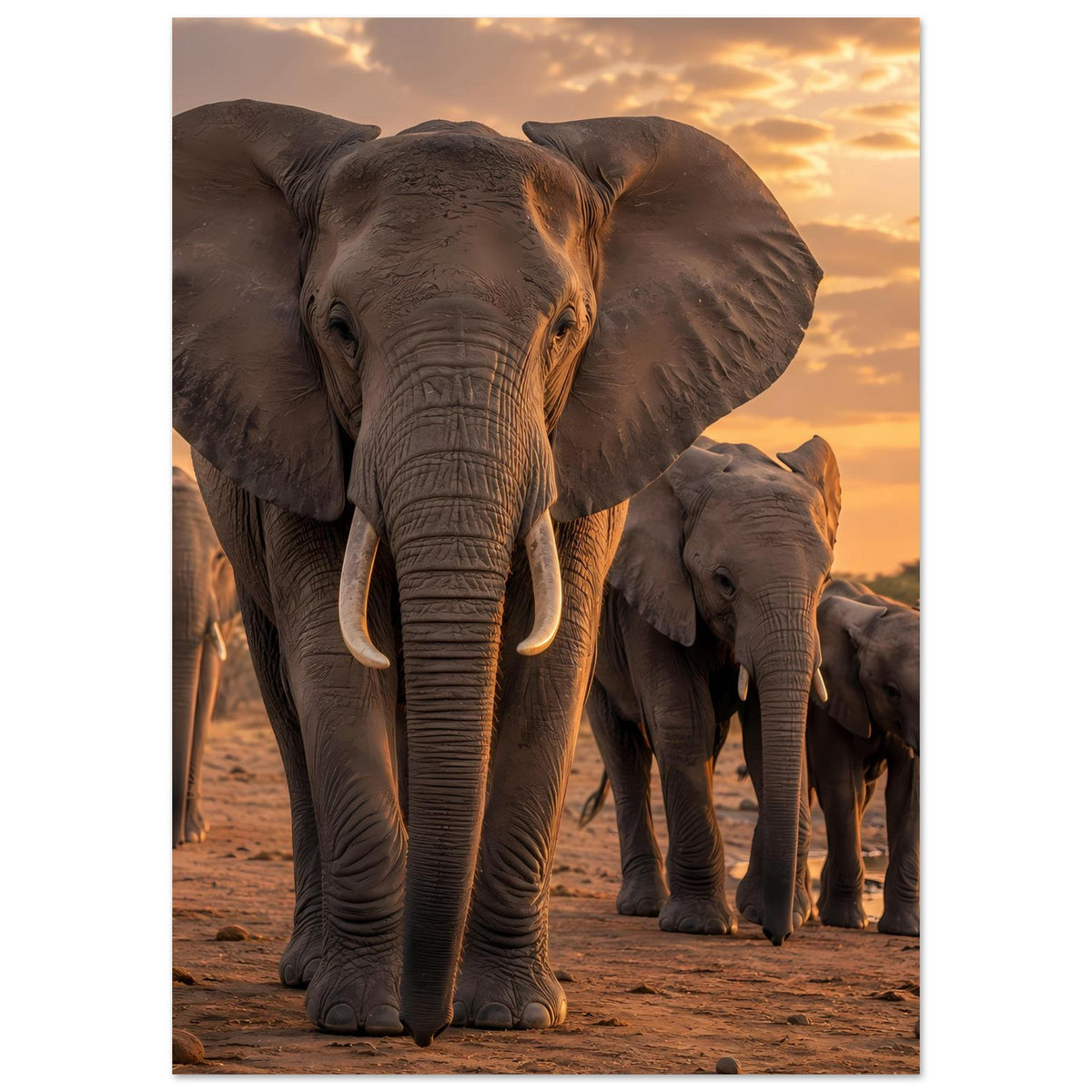 Vertikales Poster mit Elefantenherde: vorderer Elefant frontal, mehrere Elefanten im Zug