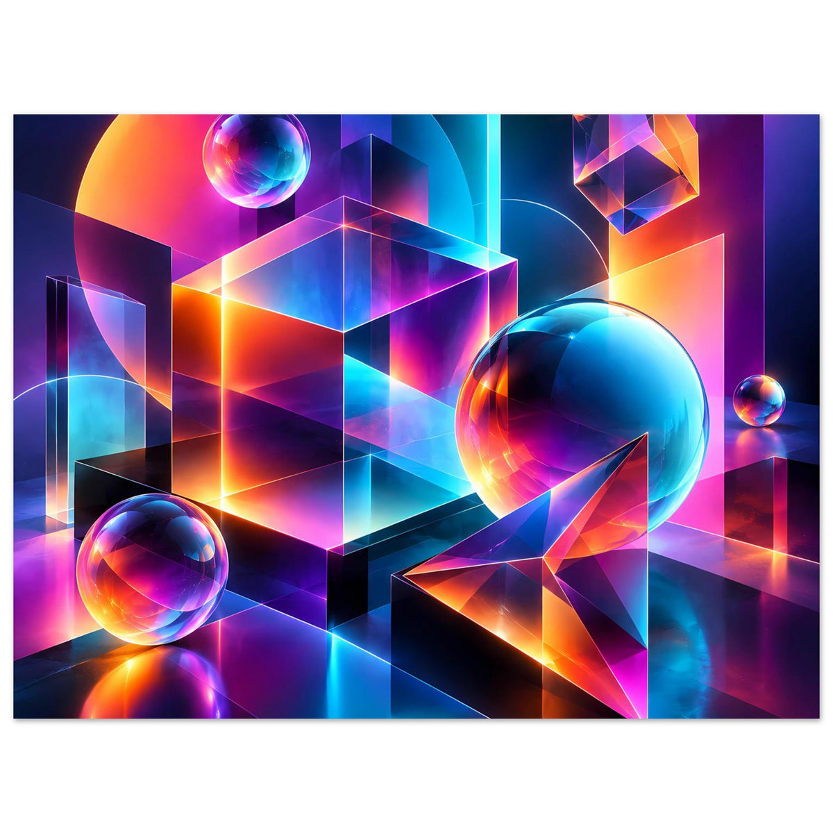 Neon-Geometrie-Poster im Querformat mit leuchtenden 3D-Kanten, Glasbällen und Farbverlauf