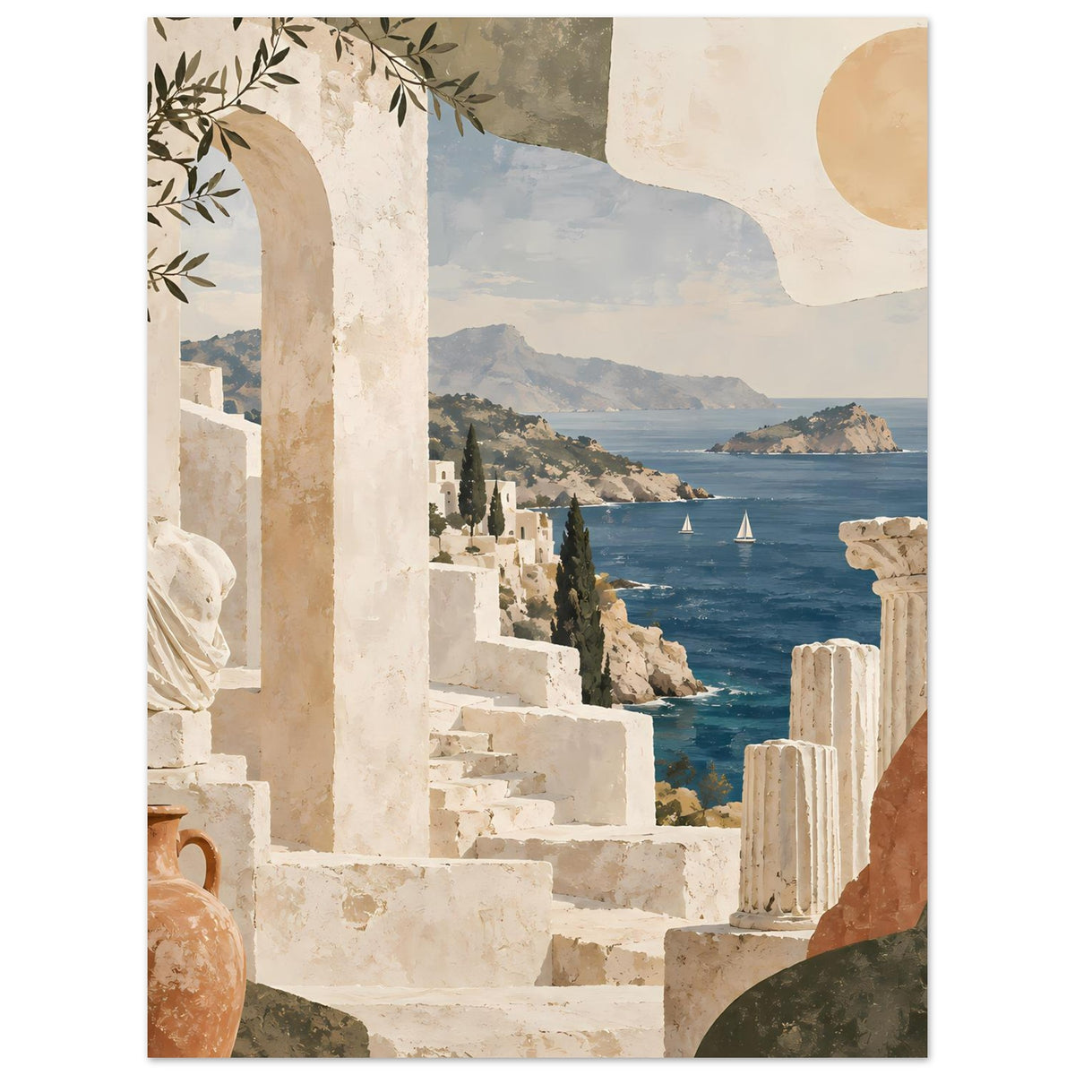 Urlaubs-Poster mit mediterraner Küste: weiße Treppen und Säulen vor blauem Meer