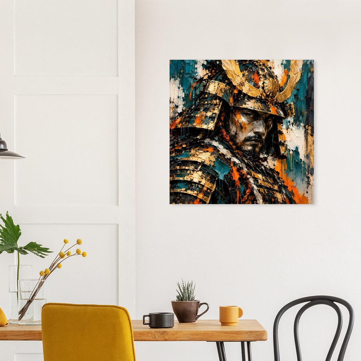 Poster mit Samurai-Krieger im Helm, goldene Streifen, türkisfarbener Hintergrund, Farbexplosion