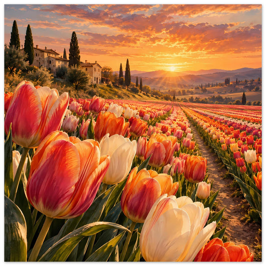 Poster Tulpenfeld bei Sonnenuntergang, große Tulpen im Vordergrund und Sonnenuntergangshimmel