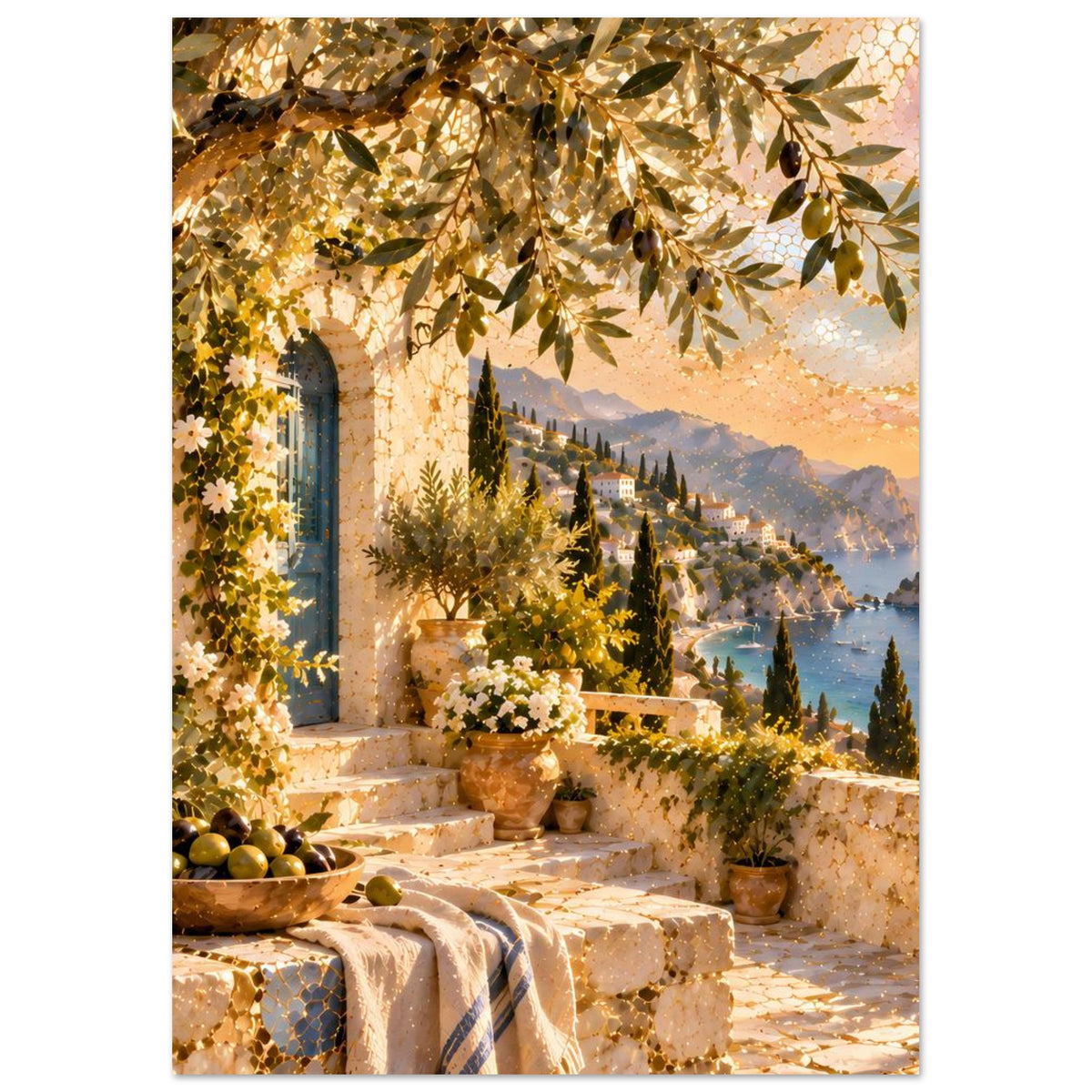 Wandkunst-Print mit Terrasse, Oliven-Schale, Blättern im Vordergrund und Blick auf das Meer