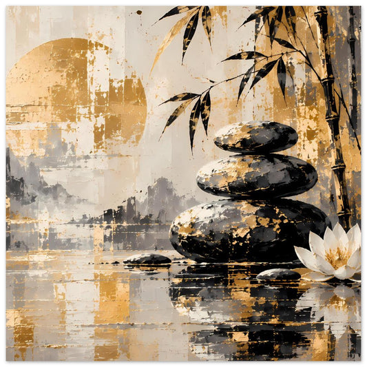 Zen-Gemälde-Poster mit schwarzen Steinen, goldigen Akzenten und weißer Lotusblüte