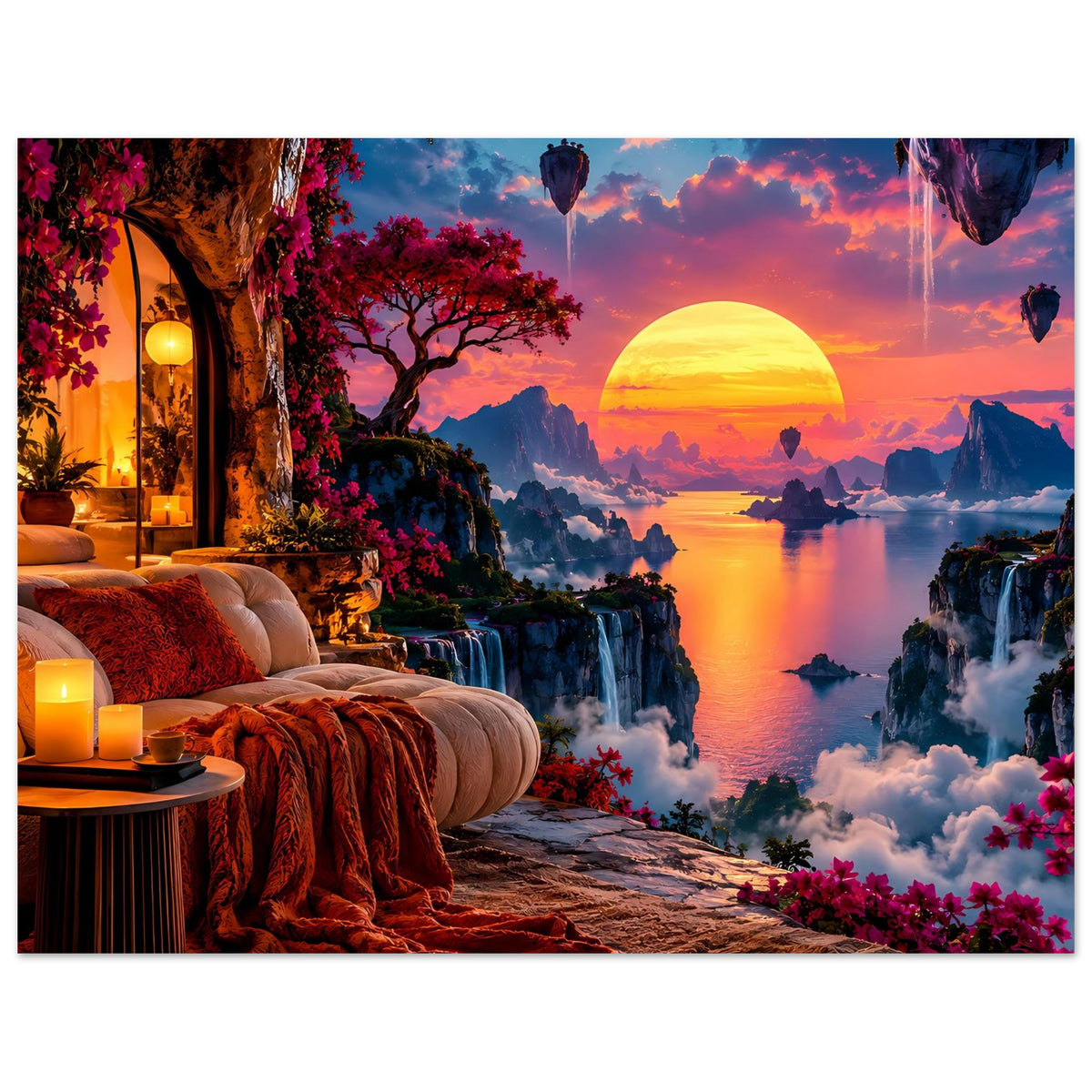 Landschaftsposter mit goldener Sonne, Flusslandschaft, Wasserfall, Ballons und pinken Blüten