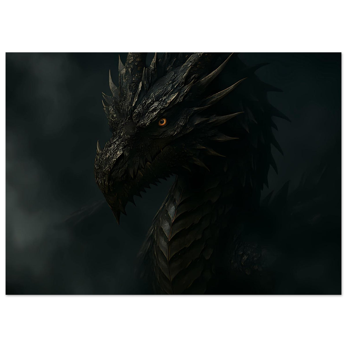 Drachenkopf-Poster mit schwarzem, schuppigem Drachen und orangefarbenem Auge, Nahansicht