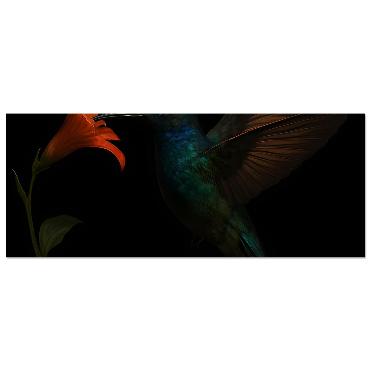Horizontaler Kunstdruck: Kolibri mit orangefarbener Blüte, weit gespreizte Flügel