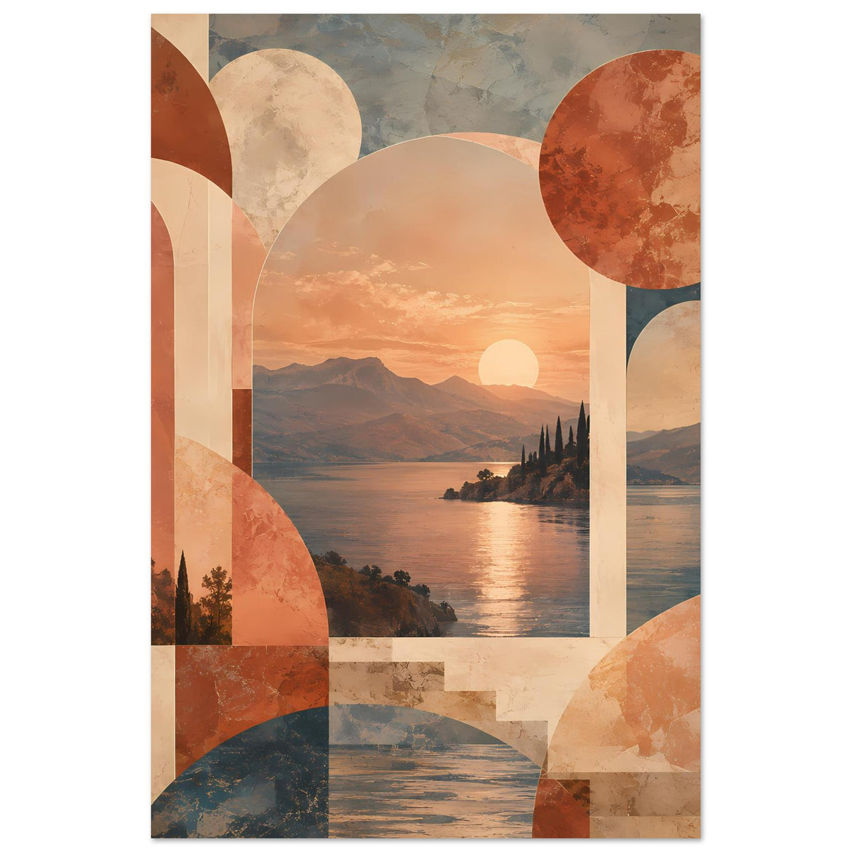 Abstraktes Poster im Hochformat mit Sonnenuntergang über See, warmen Erdtönen, Kreisen