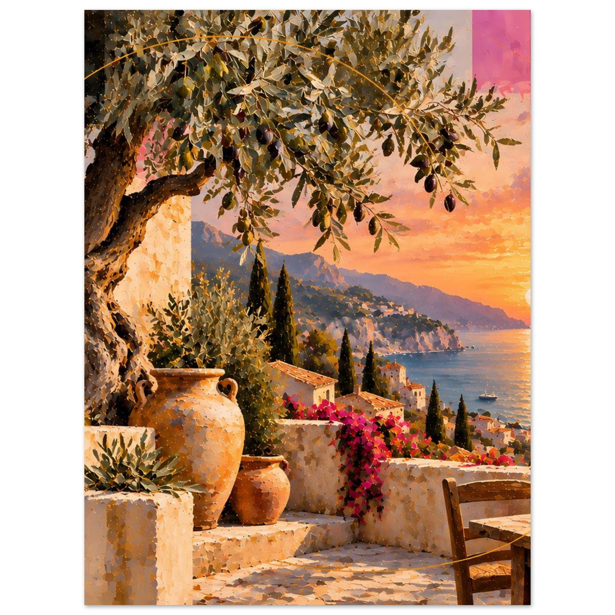 Kunstdruck-Poster: Olivenbaum über Terrassenmauer, Meerblick und orangefarbenem Himmel