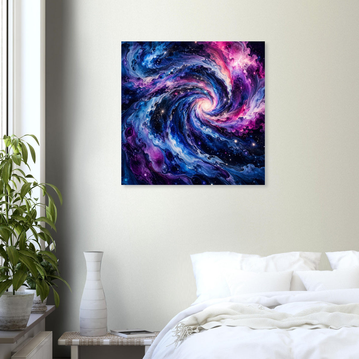 Galaktisches Swirl-Poster: quadratisches Motiv mit blau-violettem Wirbel und schwarzem Rahmen