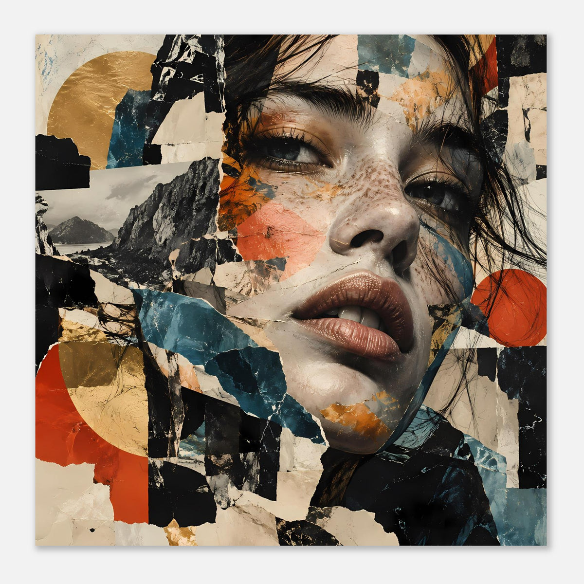 Abstraktes Collage-Porträt einer Frau, großes Gesicht in Blau-, Beige- und Terrakottafarben