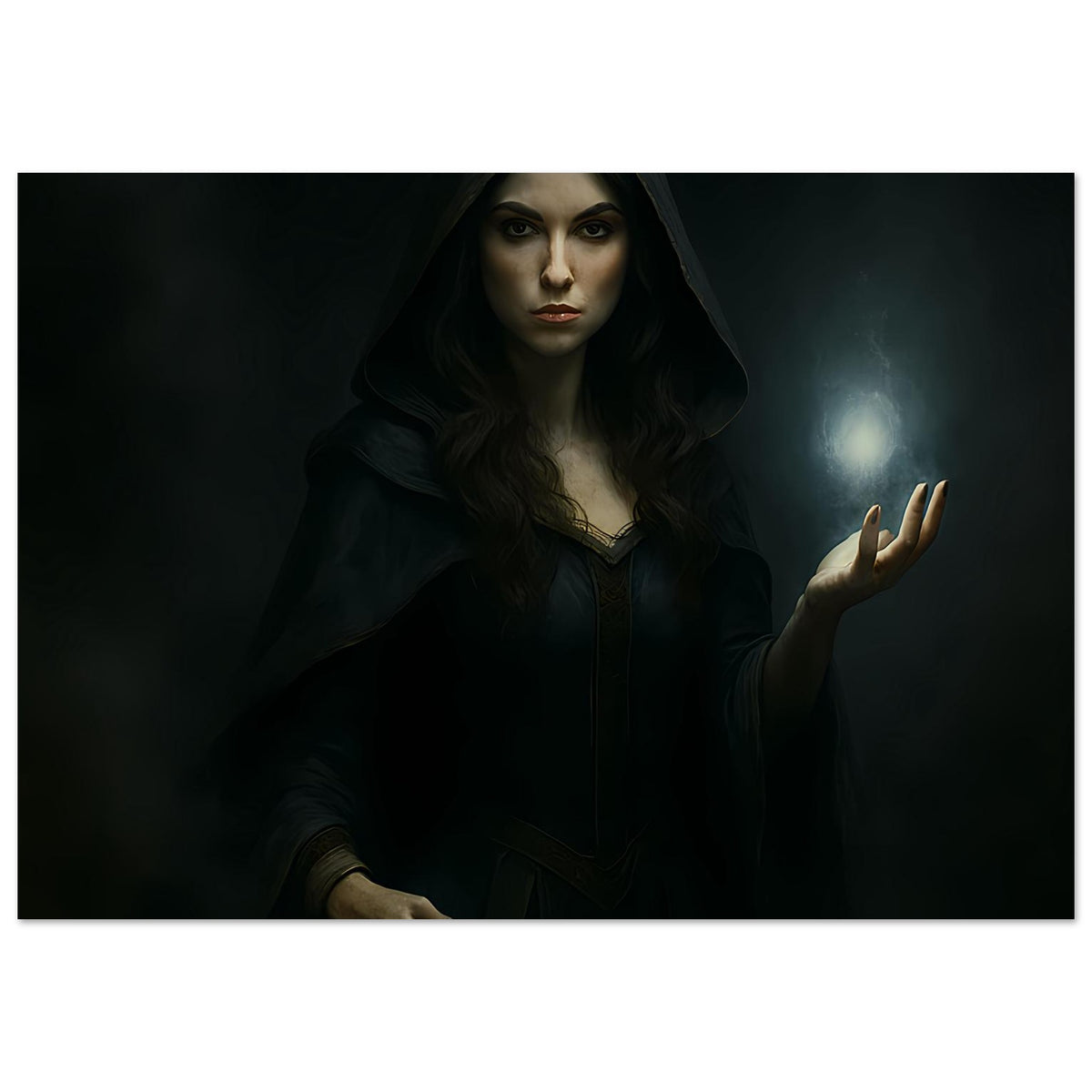Fantasy-Poster mit Zauberin in dunkler Kapuze, Blick nach vorn, Hand erhoben mit leuchtender Kugel
