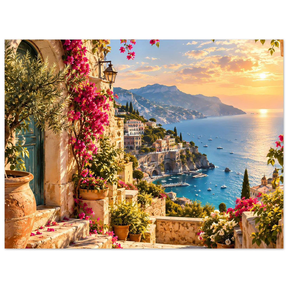 Poster mit Blick auf das Meer im Sonnenuntergang, Steinbalustrade, Blüten und Felsbuchten