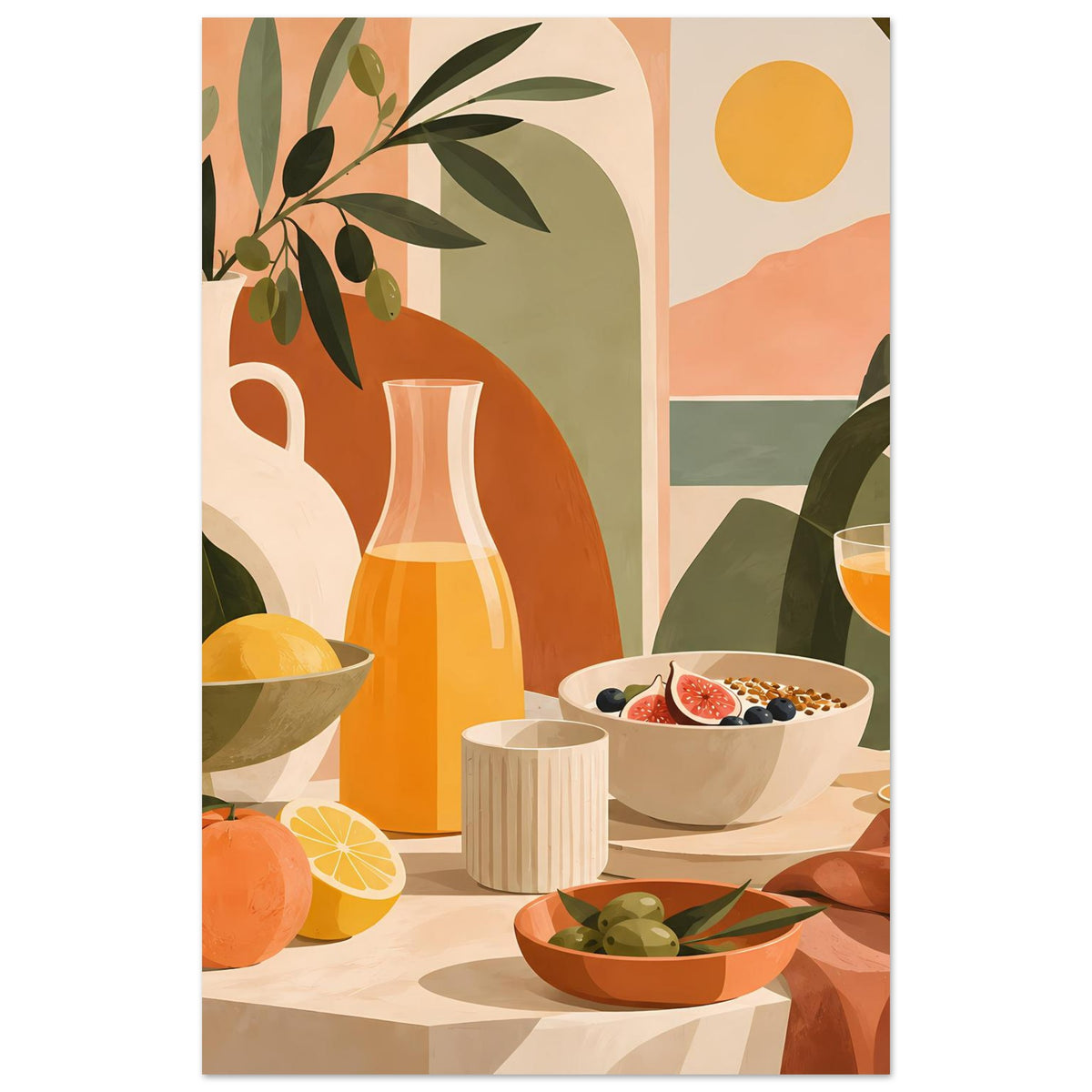 Stillleben-Poster im Hochformat: Vase, Obstschale, Wein im Glas und Oliven, Boho-Motiv