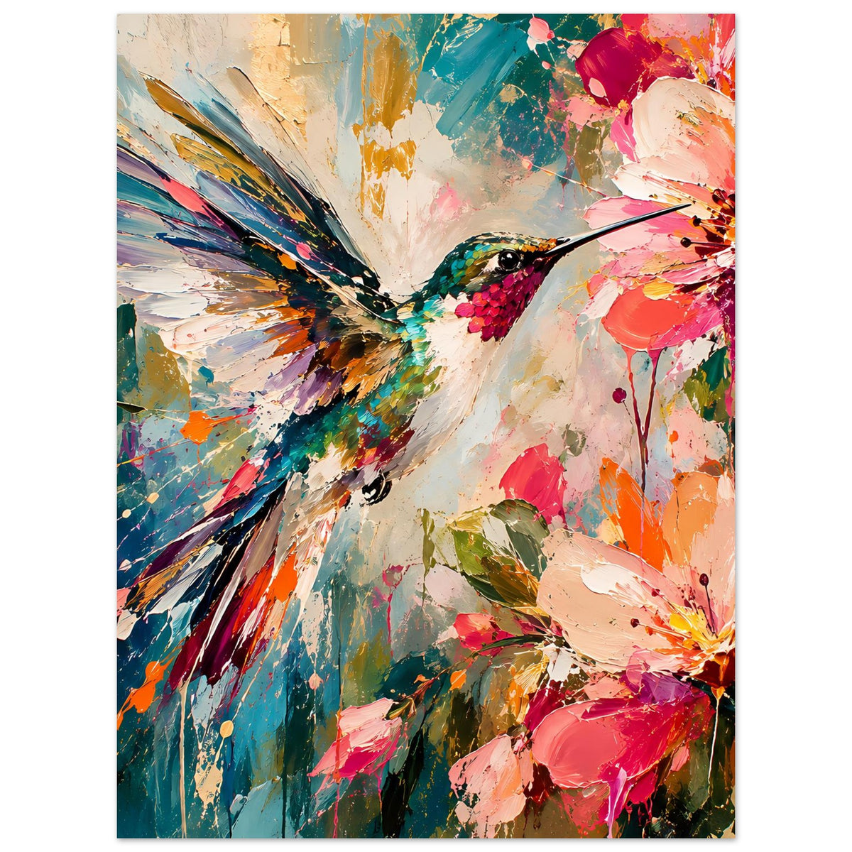 Kunstdruck-Poster im Hochformat mit Kolibri und Blüten in pastell- und kräftigen Tönen