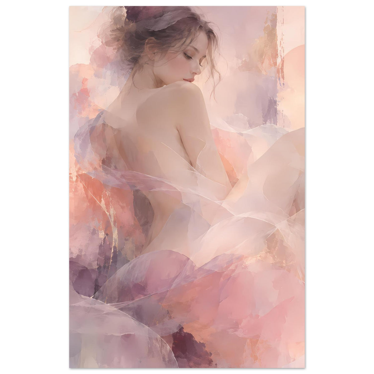 Vertikales Poster mit Aquarell-Porträt einer Frau, pastellrosa und lila abstrakte Farbflächen