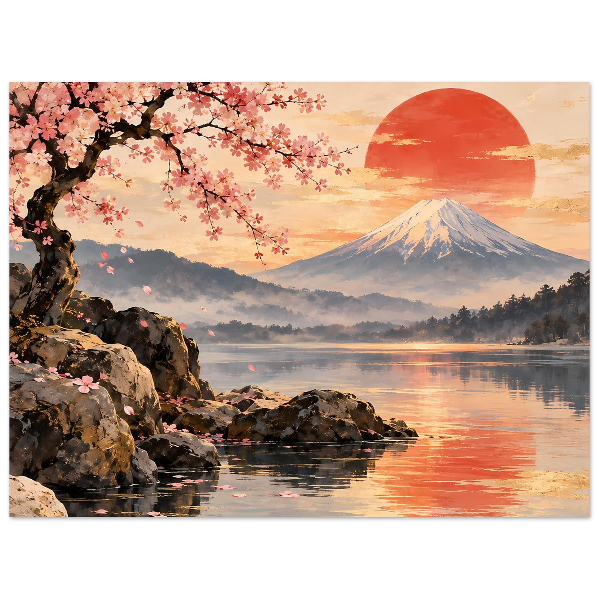 Poster mit Kirschblütenzweigen, roter Sonne hinter dem Fuji und See-Spiegelung mit Felsen