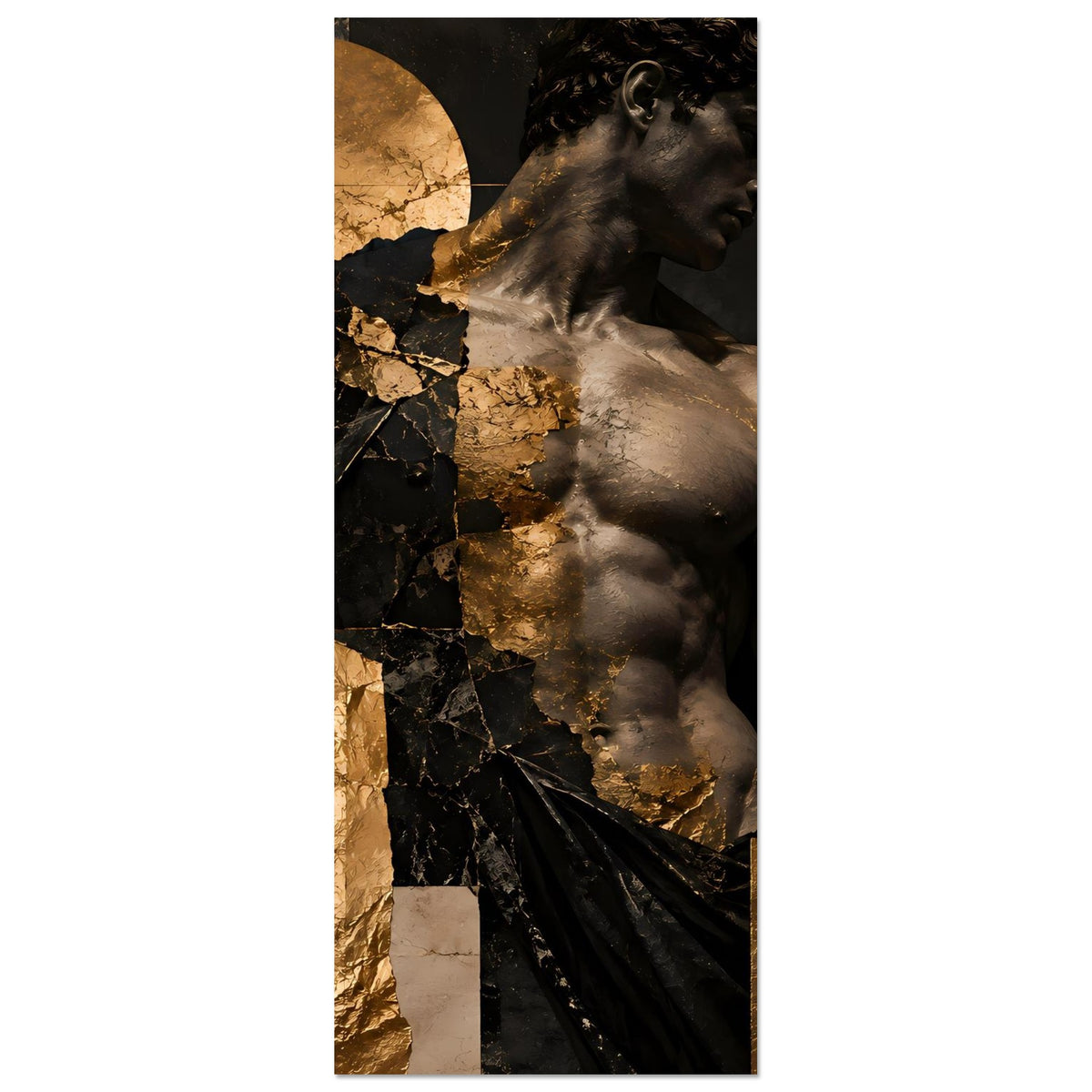 Kunstposter mit Statue im Profil, Schwarz-Gold-Mosaik und goldenen Akzenten