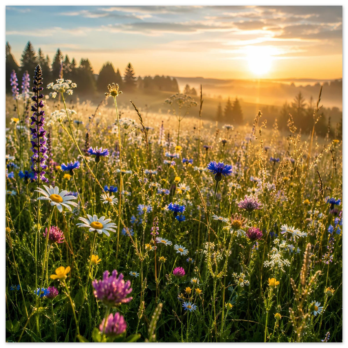 Sonnengeküsstes Wildblumenwiesen-Poster, Querformat: Wildblumenfeld mit farbigen Blüten