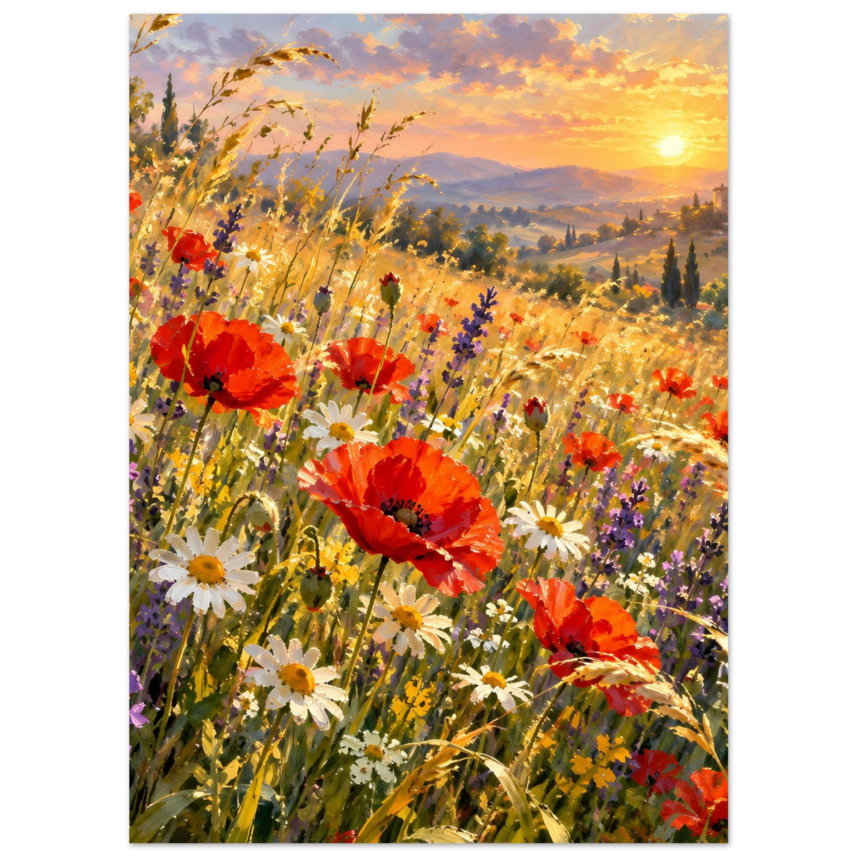 Leuchtendes Wildblumenfeld-Poster mit roten Mohnblumen, weißen Gänseblümchen und goldenem Licht