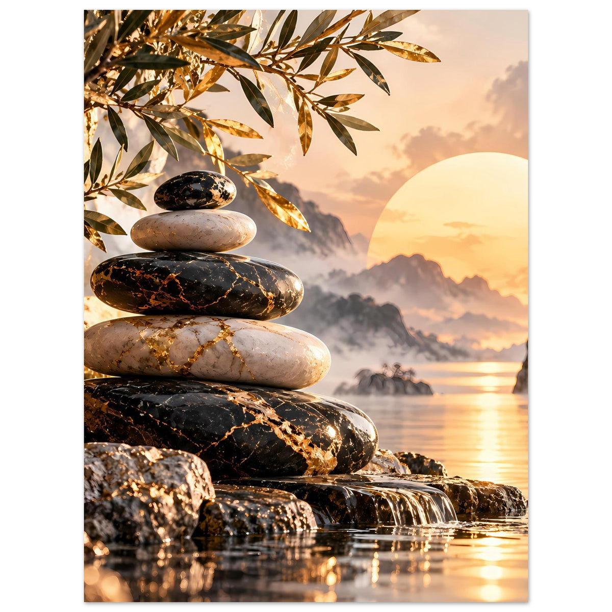 Poster mit Zen-Stein-Stapel, goldener Blattdekoration und Sonnenuntergang über Gewässer