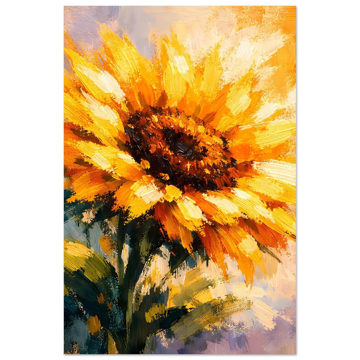 Vertikales Poster mit gemalter Sonnenblume in warmen Gelb-Orange-Tönen und dunklem Zentrum.