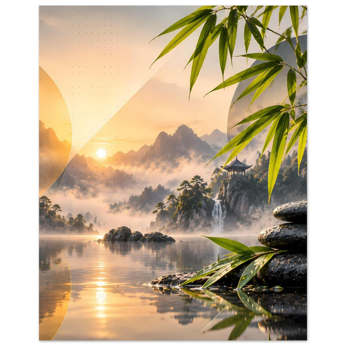 Zen-Poster mit Bambus am Rand, gestapelten Steinen am Wasser und Bergkulisse