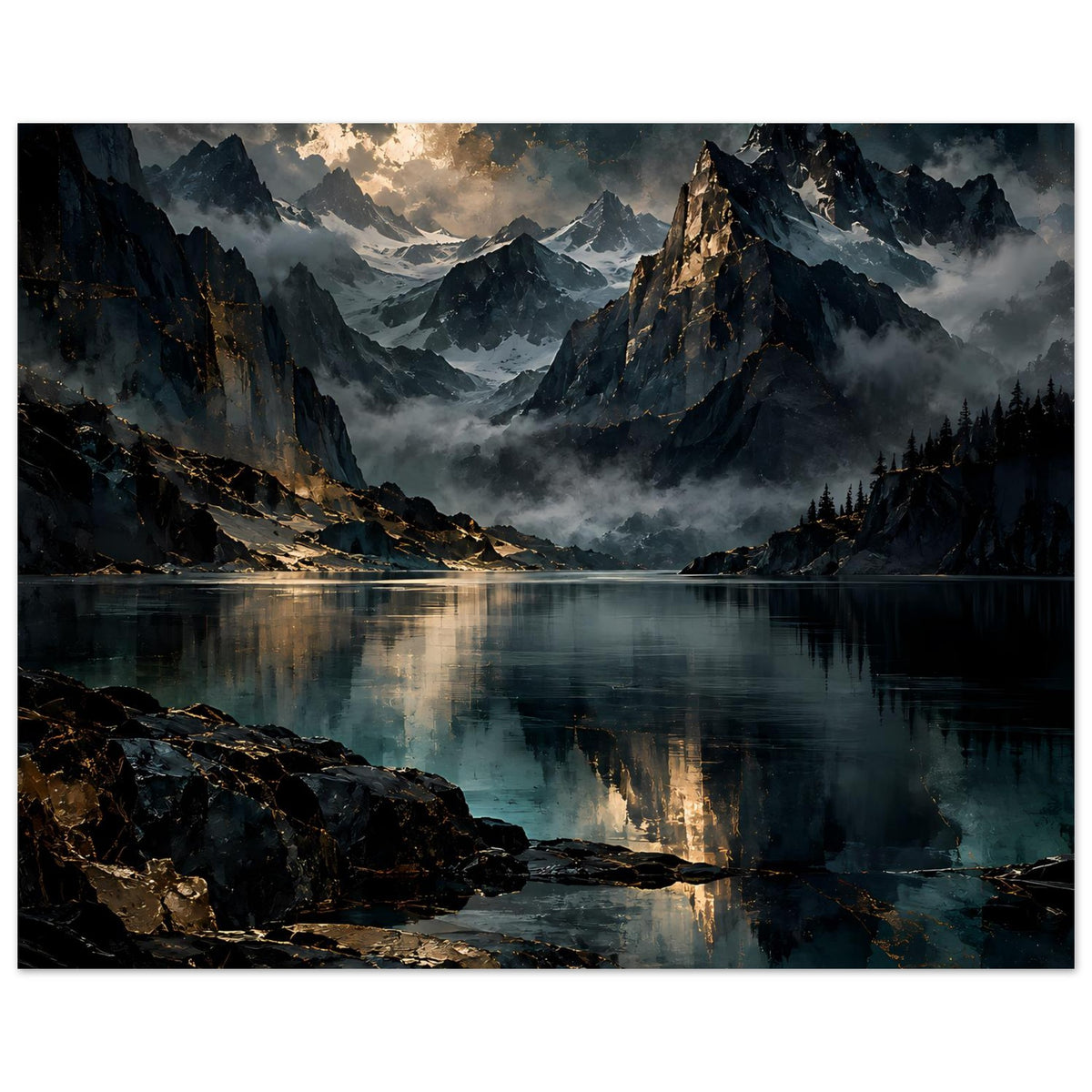 Poster mit Bergsee, Nebel über den Gipfeln und Felsen am Ufer