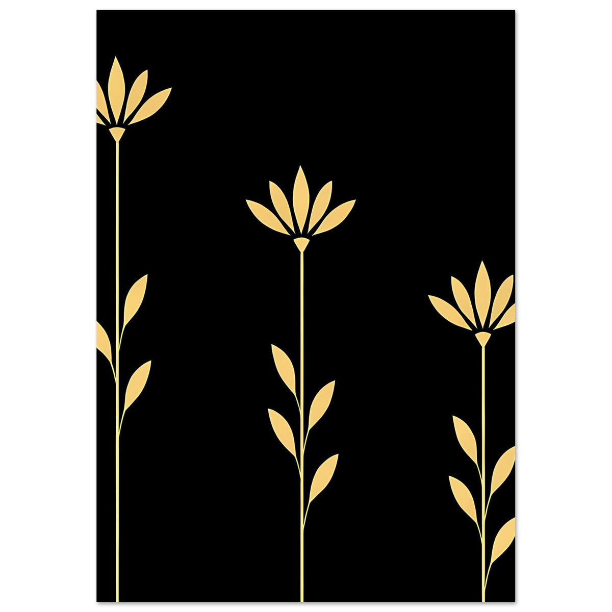 Botanisches Poster mit goldenen Blumenstielen auf dunklem Hintergrund, symmetrisches Motiv