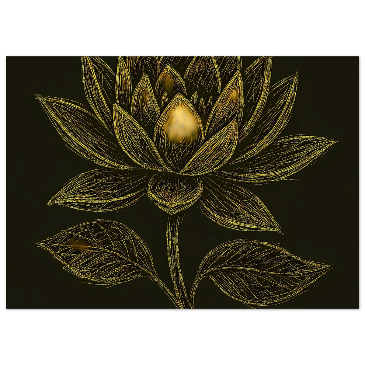 Querformatiges Poster mit goldener Lotusblüte, detaillierte Blattstruktur im Linienstil