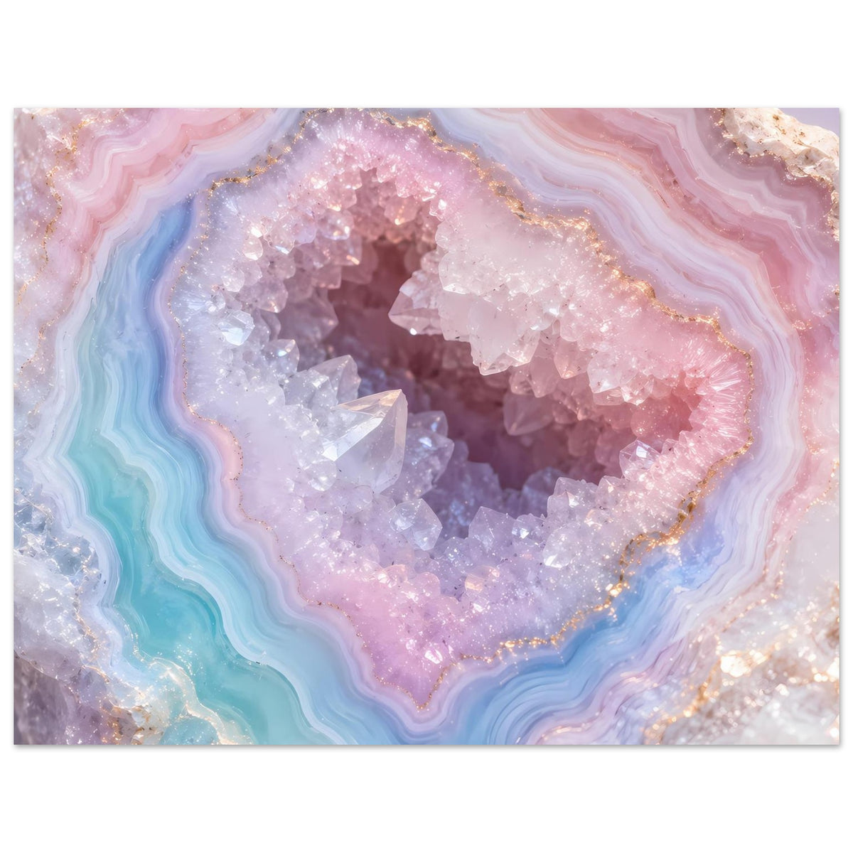 Poster mit Geoden-Motiv: pinke, blaue und violette Achat-Farbschichten mit funkelnden Kristallen