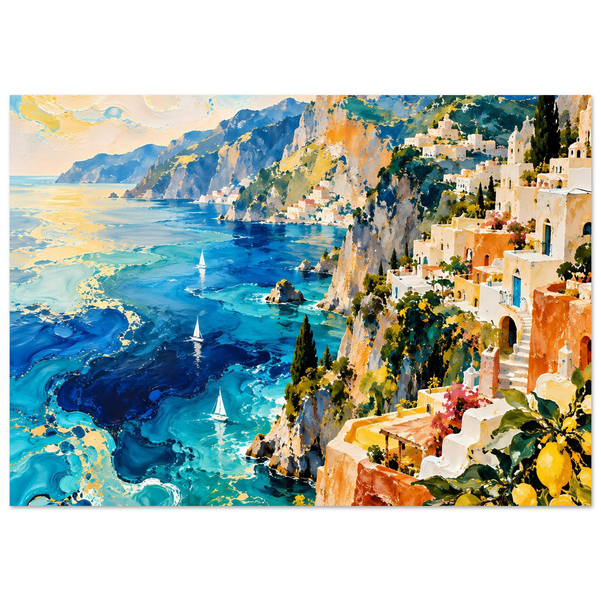 Küstenposter mit Blick auf das Wasser, steilen Felsen, hellen Häusern und bunten Blumen