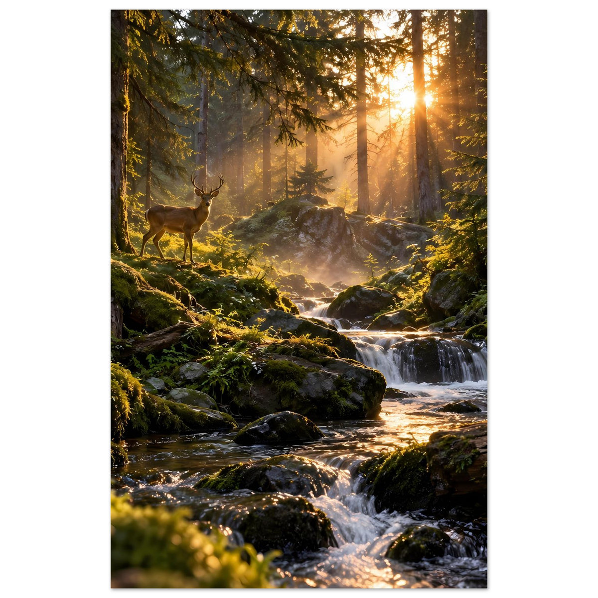 Vertikales Poster mit Hirschsilhouette, Bachlauf und goldenem Morgenlicht