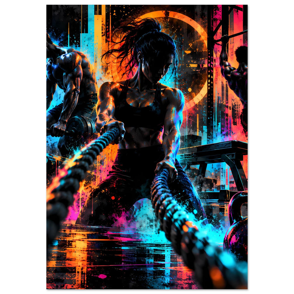 Vertikales Fitness-Poster: zentraler Sportler mit Hantel, Kettlebell und Neon-Color-Splash